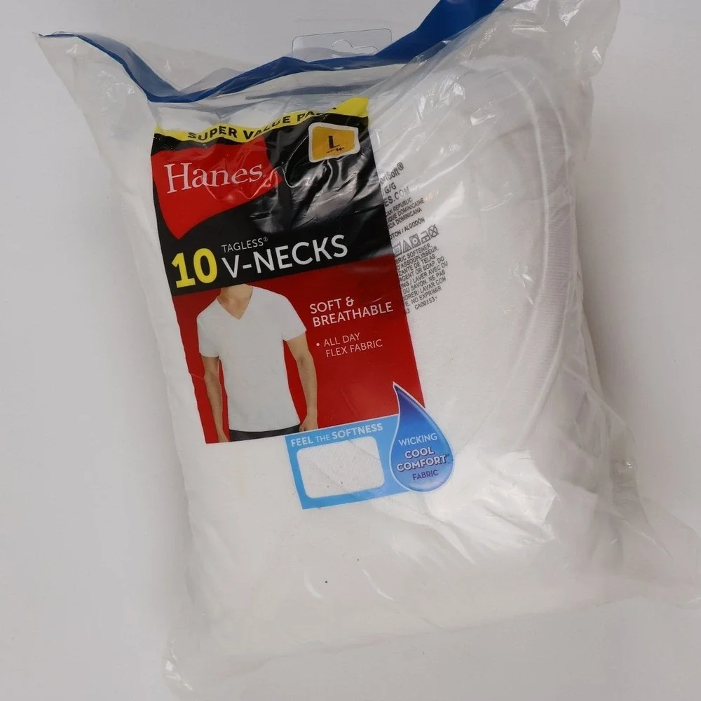 Hanes V-Neck Undershirts 10 Pack White Solid Large NWT
